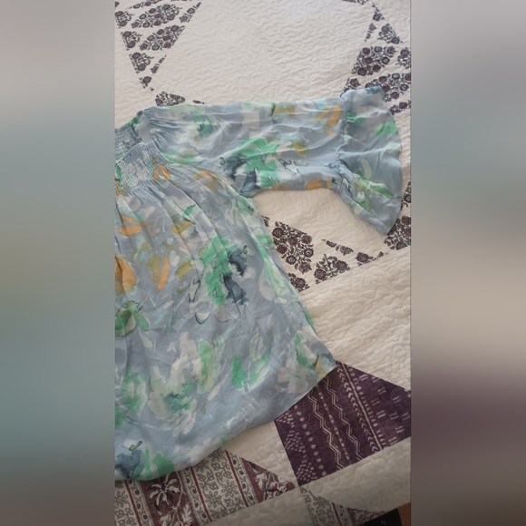 Zack & Rachel Floral Bell Sleeve Boho Peasant Top Size XL Blue Green - Picture 12 of 12